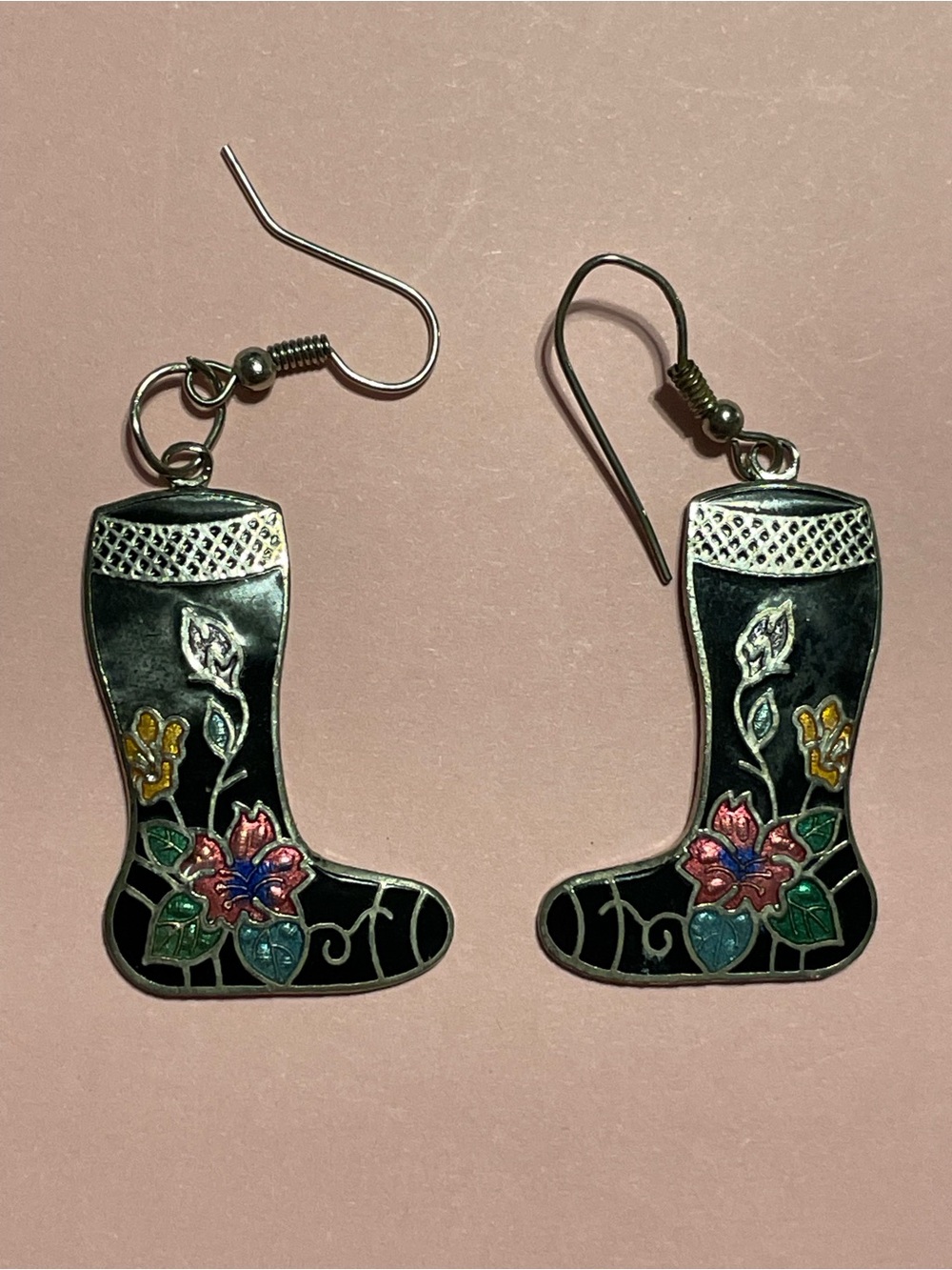 Vintage Cloisonné Enamel Flower Boot Pierced Earrings #9639 ❤️‍🔥